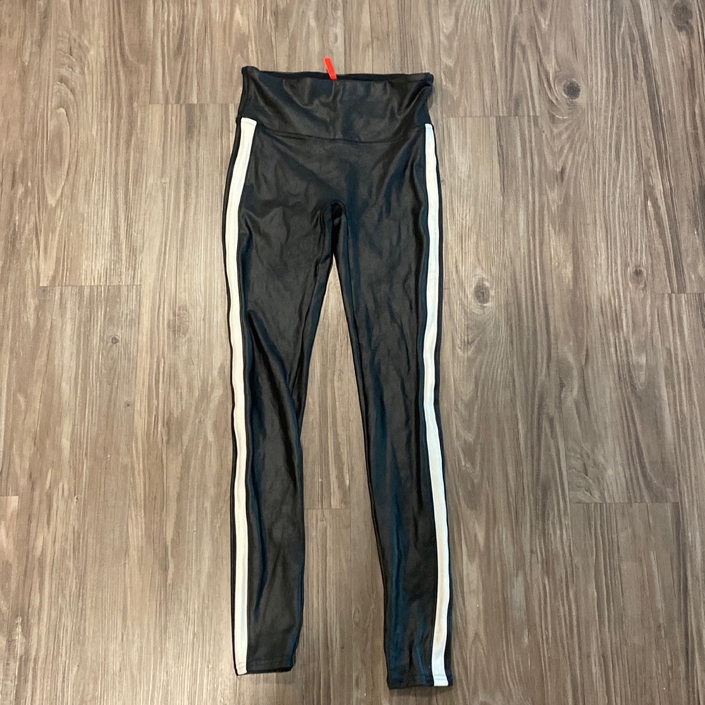 Spanx faux leather leggings with white facing stripe down side